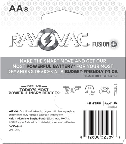 Fusion AA Batteries, Premium Alkaline Double a Batteries (8 Battery Count)