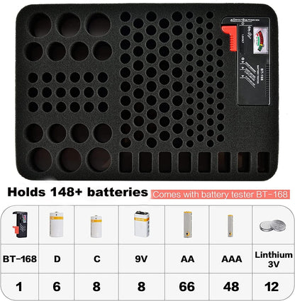 Hard Battery Organizer Storage Box, Carrying Case Bag Holder - Holds 148 Batteries AA AAA C D 9V - with Battery Tester BT-168 (Batteries Are Not Included)